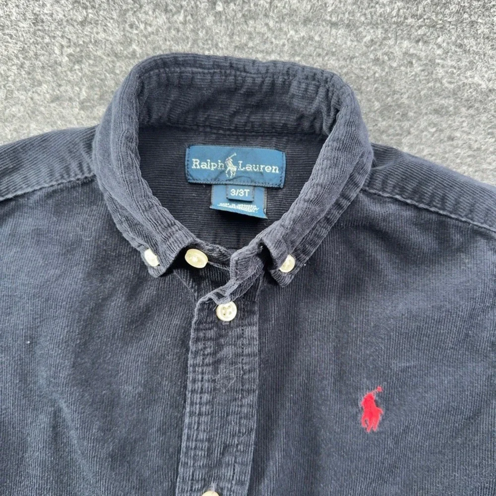 Ralph Lauren Boys Navy Blue Corduroy Button Down Shirt Size 3/3T Red Pony Logo